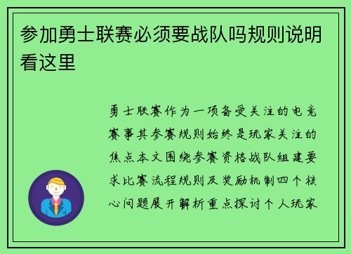 参加勇士联赛必须要战队吗规则说明看这里