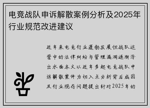 电竞战队申诉解散案例分析及2025年行业规范改进建议