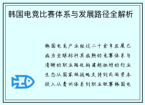 韩国电竞比赛体系与发展路径全解析