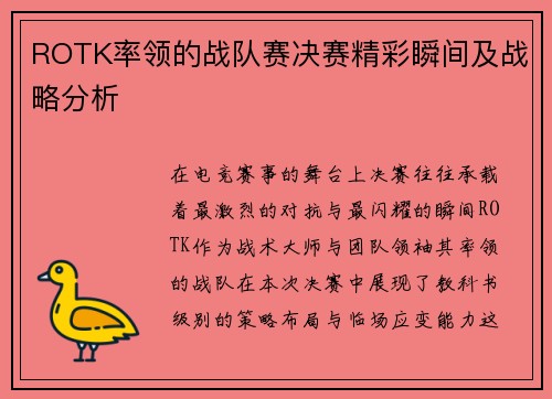 ROTK率领的战队赛决赛精彩瞬间及战略分析